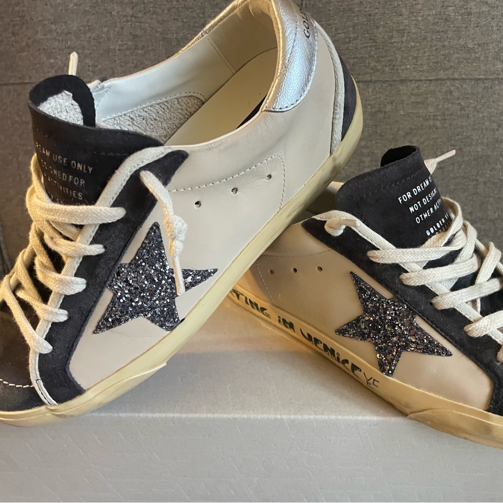 BNIB Golden Goose super stars. Size 37.  Charcoal suede and tan leather.